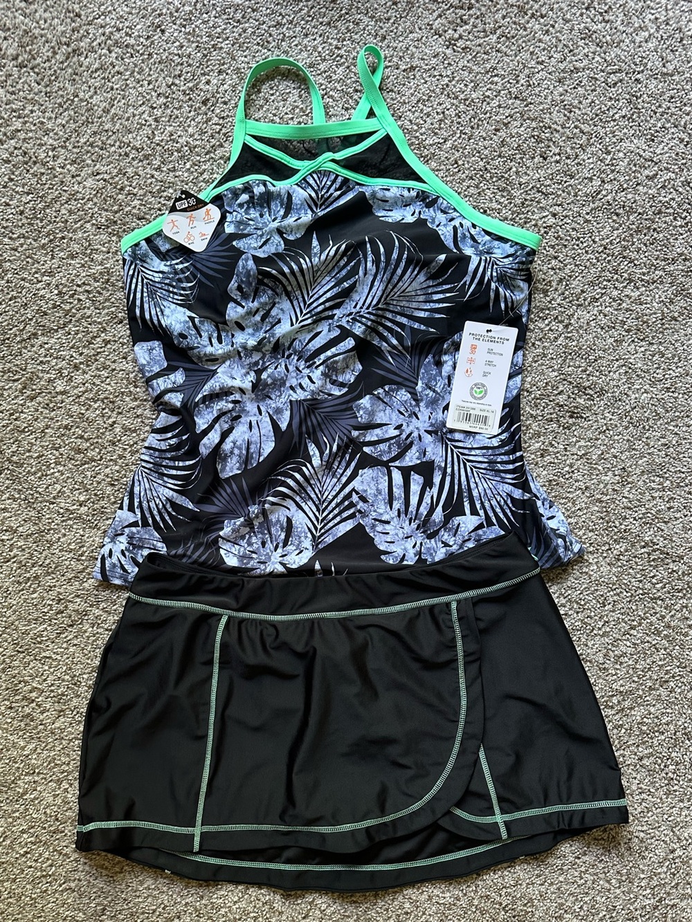 ZeroXposur Black Floral Tankini with Green Trim